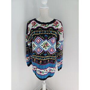 Vintage 80s 90s Cotton Blend Floral 3D Geometric Cottagecore Knit Sweater M